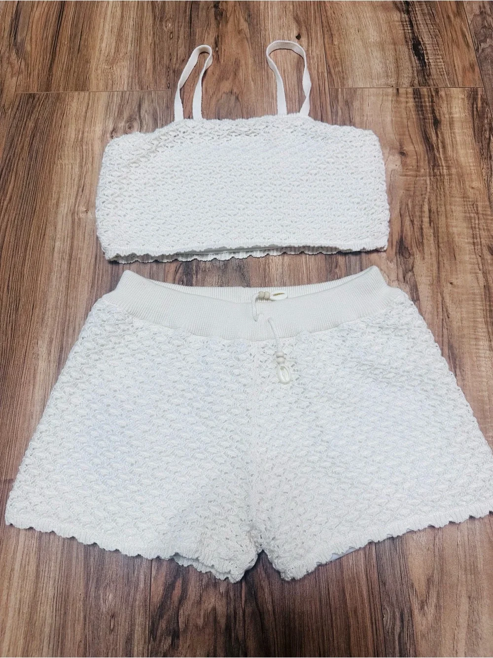 Zara Cream Knit Cropped Bandeau Top & Lounge Shorts Set